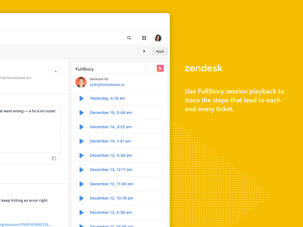 Fullstory dashboard view — Agent Productivity app on the Zendesk Marketplace